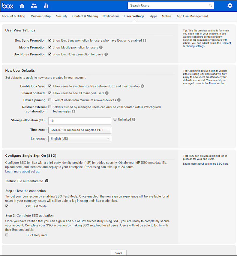 screenshot of box, enterprise settings, user settings